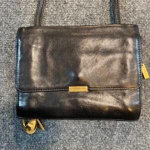 Vintage PERLINA Soft Black Leather Crossbody Organizer Wallet Purse Gold Accents